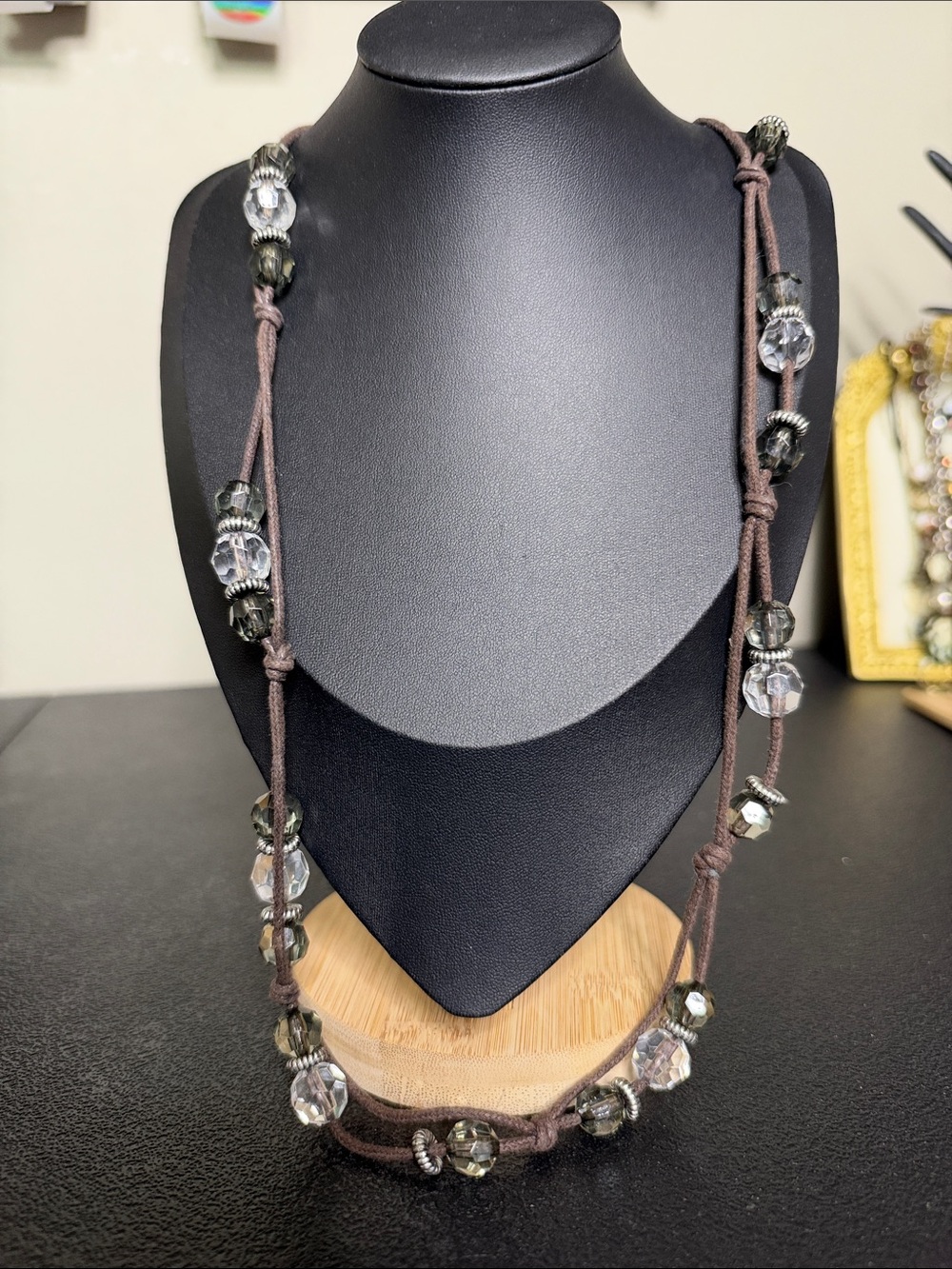 Brown Cord Necklace with Clear and Smoky Beads — Elegant Layering Piece